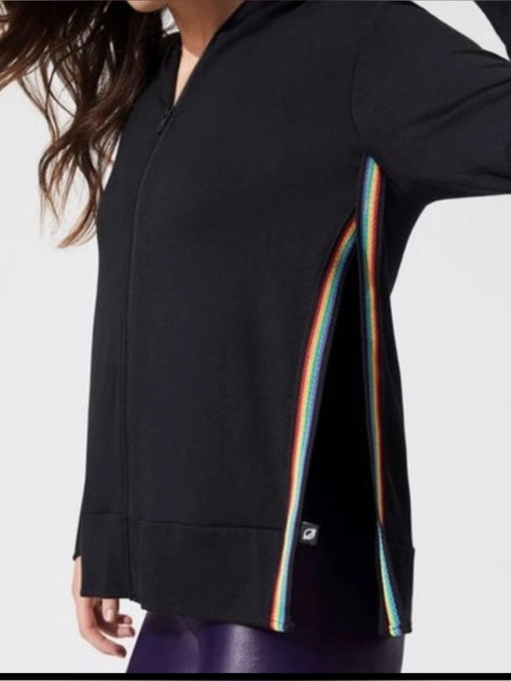 Terez Black Hooded Zip Jacket with Rainbow Side Stripes - Large